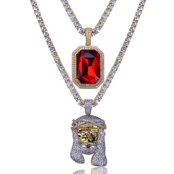 Collier de luxe avec pendentif en rubis rouge Jésus glacé, zircone cubique, diamants simulés, chaîne de tennis de 20 pouces
