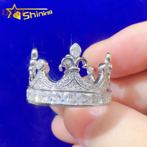 Anillos de compromiso de hip hop, joyería chapada en oro con hielo de lujo, anillos de corona de moissanita con corte princesa personalizado 925