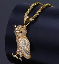 Collier pendentif en chouet animal en acier inoxydable glacé avec une chaîne de corde 60 cm micro pave cubique zircone diamants simulés pennd7553430