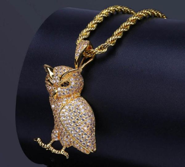 Collier pendentif en chouet animal en acier en acier inoxydable de luxe avec chaîne de corde de 60 cm micro pave cubique zircone diamants simulés pennd5150960