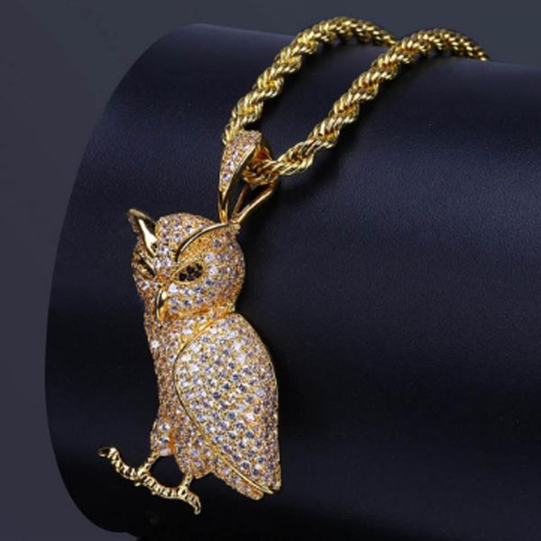 Collier pendentif hibou animal en acier inoxydable glacé de luxe avec chaîne de corde de 60 cm Micro pavé de zircons cubiques diamants simulés Pend211W