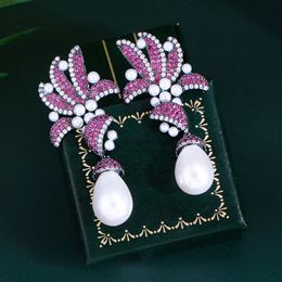 Boucles d'oreilles de luxe imitation perle bijoux de créateur pour femme violet rouge zircone cuivre femmes fête saint valentin longue boucle d'oreille diamant Dangle femmes indien unique