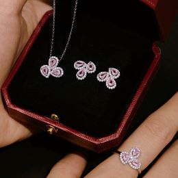 Conjunto de joyería de diseñador de boda de diamante indio de lujo para mujer, collar, pendiente, anillo de plata de ley 925, anillos de compromiso de circonita rosa, pendientes, caja de regalo, 3 unids/set