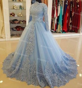 Luxe Islamitische Blauwe Moslim Avondjurk 2021 Elegante Lange Mouw Kant Dubai Arabisch Prom Jurken Baljurk Formele Partij Vestidos Abendkleider Robe de Mariée