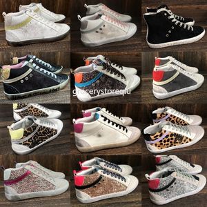 lujo Italia Marca Golden Sneaker Mid Star Mujer Zapatos Estampado de leopardo Rosa-dorado brillo Clásico Blanco Do-old Dirty Designer High Top Style Zapato