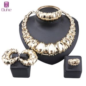 Luxe Italië Brazilië Dubai Gold Color Big Necklace Bangle Earring Ring Sieraden Set High-End Woman Wedding Party Dating Jewelary
