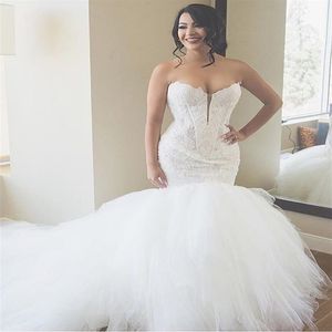 Luxe Ivoor Kant Zeemeermin Trouwjurken Sweetheart Applicaties Puffy Tulle Baljurk Trouwjurk Plus Size Bruidsjurken Custom D282O