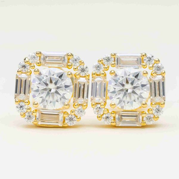 Bijoux de luxe 925 Sterling Silver Vermeil Moissanite Boucle D'oreille Glacé Vvs Diamant Pave Baguette Carré Floral Boucles D'oreilles