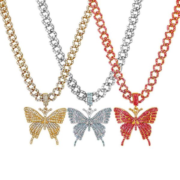 Bijoux de luxe Pendentif Papillon Colliers Femmes Glacé Liens Cubains Chaînes Cristal Strass Animal Anime Hip Hop Collier Or Rose Argent Bleu Couleur