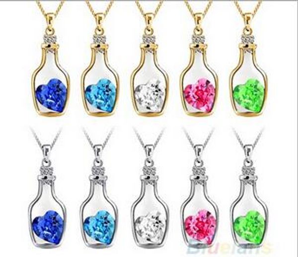 Joyería de lujo Color plata con incrustaciones de botella de deseo amor corazón cristales Vial colgante collar para mujer regalo BS68