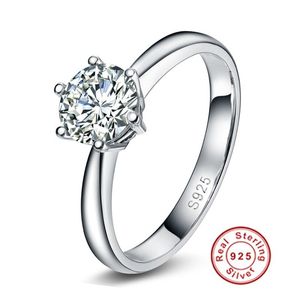 Joyería de lujo, anillos de boda de plata de ley 925 sólida para mujer, anillo de compromiso de diamante de 1 quilate con incrustaciones de corona clásica