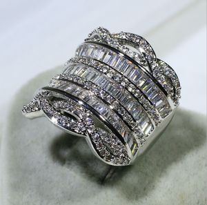 Joyería de lujo Única Plata de Ley 925 Pila completa 5A Cubic Zirconia CZ Diamante Anillos anchos Fiesta Mujeres Boda Banda Anillo de dedo Regalo