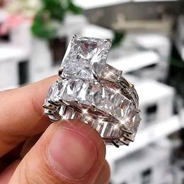 Luxe sieraden Wedding Ringen 925 Sterling zilveren stralende vorm 5a kubieke zirkoon cz diamant grote edelstenen feestje eeuwigheid vrouwen verloving bruids paar ring set