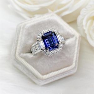 Luxe Sieraden Trouwringen 925 Sterling Zilver Princess Cut Blue Sapphire CZ Diamond Moissanite Party Vrouwen Engagement Bridal Ring Voor Lover Gift