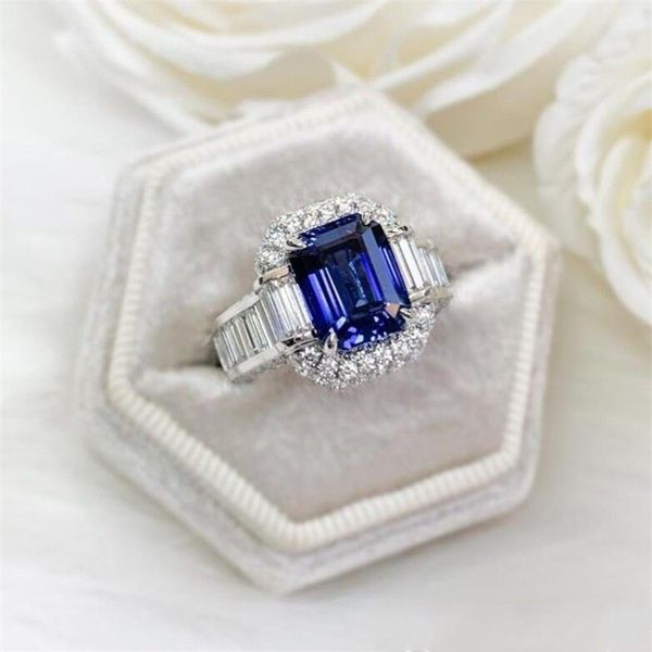 Bijoux de luxe Anchages de mariage 925 STERLING Silver Princess Cut Blue Sapphire CZ Diamond Moisanite Party Femme Engagement Bridal RI196P