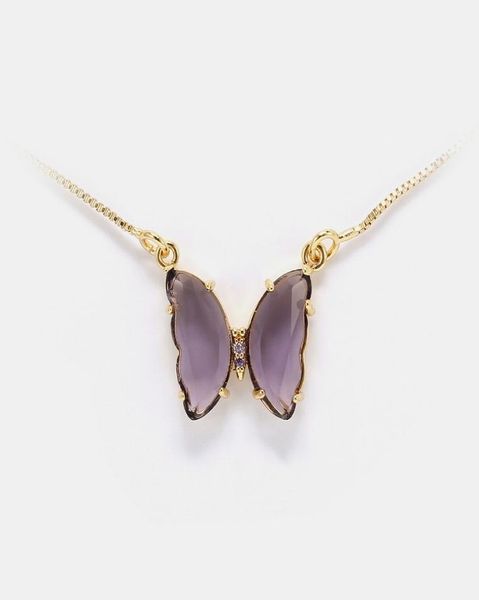 Bijoux de luxe femmes rose violet verre papillon colliers de créateurs en cuivre avec pendentif plaqué or colliers pour fille mode sty9788744