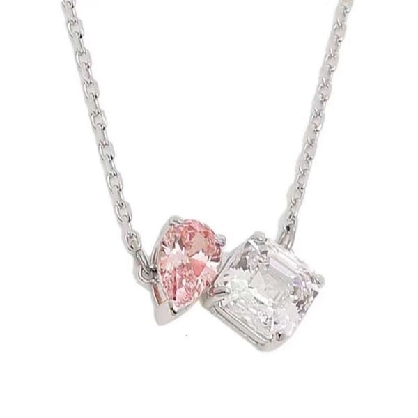 Joyería de lujo Collar de Swarovski Amado Eterno Compañero Amor Brillante Collar de Diamante Cuadrado Collar de Cadena con Forma de Corazón de Diamante Rosa Minimalista Colgante