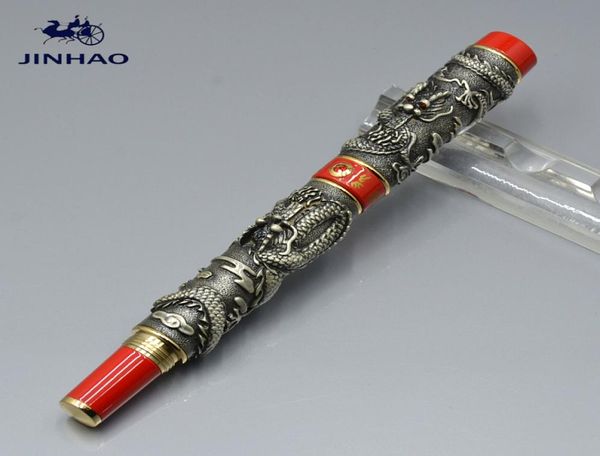 Bolígrafo JINHAO de lujo para la marca Bolígrafo gris con relieve de doble dragón y material de oficina comercial para escribir bolígrafos de metal liso 2736952