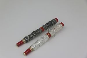Luxe JINHAO argent / gris-rouge couleur Unique Double Dragon Embossment Metal Roller stylo papeterie école fournitures de bureau pour le meilleur cadeau