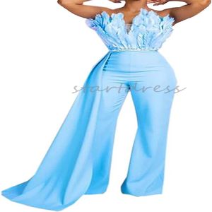 Luxe jumpsuit-avondjurk met struisvogelveren satijn Grote maten Aso Ebi galajurk met broek Strapless formeel feest Great Gatsby Mariage vestidos de gala-galajurk