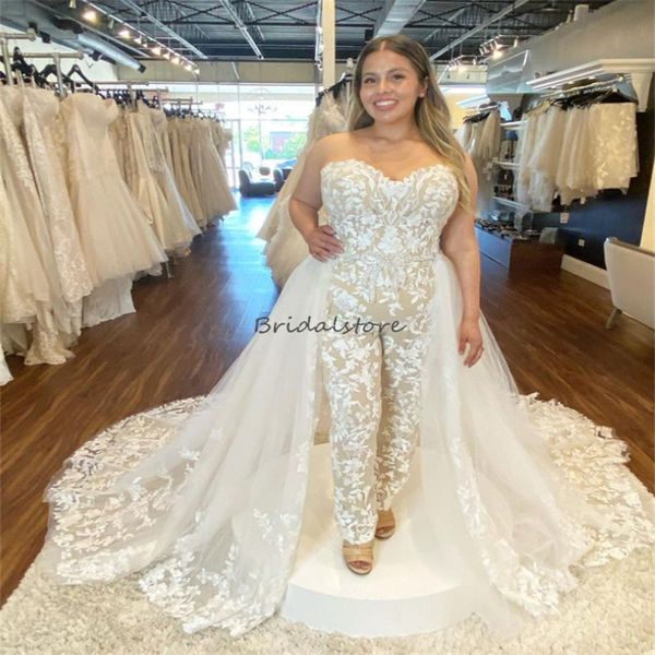 Mono de lujo vestido de novia 2023 sobrefalda de encaje Boho impresionantes vestidos de novia cariño Civil país rústico talla grande vestidos de novia robe de mariee