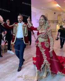 Luxe Karakou Algerije Avondjurken met Crystal Beaded Elegante Lange Mouw Dubai Abaya Moslim Prom Dress Red Split Kaftan Formele Party Jurken Robe de Mariage