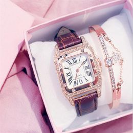 Luxe KEMANQI merk vierkante wijzerplaat diamanten bezel lederen band dameshorloges casual stijl dameshorloge quartz horloges Multiclo2254