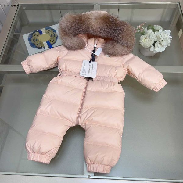 Mono de diseño de lujo para niños, monos de plumas de ganso rosa encantador para bebé, tamaño 90-110, cintura elástica, traje de gateo para niño y niña, Dec10