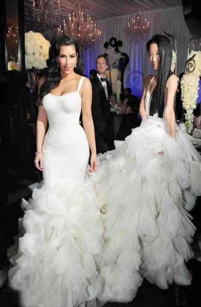 Vestidos de novia de lujo Kim Kardashian Mermaid Corias sexys Organza Falda de volante