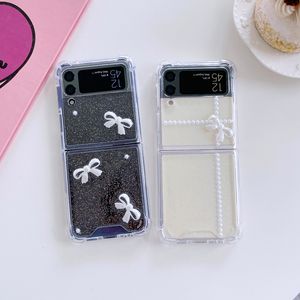 Funda de teléfono estética con lazo de perlas y purpurina coreana de lujo para Samsung Galaxy Z Flip 3 5G, funda a prueba de golpes