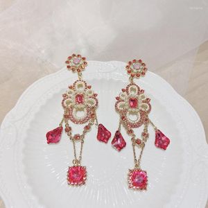 Boucles d'oreilles de luxe en cristal rose coréen pour femmes et filles, mode élégante, perles, bijoux Pendientes Brincos, lustre suspendu