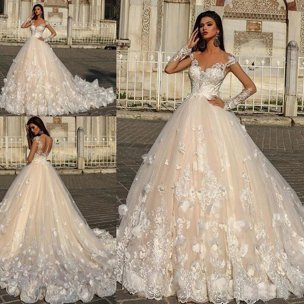 Encaje de lujo 3D Foral Vestidos de novia de manga larga Sheer Back Cathedral Train Tallas grandes Dubai Vestidos de boda árabes