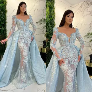 Luxe kanten Appliques 3D Flowers Mermaid avondjurken met afneembare trein Sky Blue Long Sheeves Prom Dress Feestjurken Formele jurken voor vrouwen