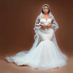 Luxury Lace Aso Ebi Wedding Gowns 2021 Plus Size Long Sleeves Mermaid With Tulle Train Trumpet Bridal Party Dresses See Thru