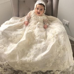 Vestidos de batismo de renda de luxo para meninas do bebê mangas compridas 3d floral appliqued vestidos de batismo com gorro primeiro vestido de comunicação
