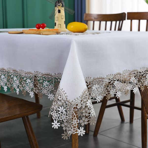 Tela de bordado de encaje de lujo decorativo decorativo de lino blanco café mesa cubierta cubierta encaje mesa bordada decoración tela