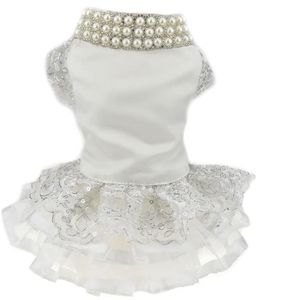 Robe de luxe en dentelle perlée pour chien Vêtements d'été pour chien Princesse Jupe pour animal de compagnie Broderie Chiens Robes de mariée pour petite fille moyenne Doggy Chihuahua Caniche Blanc L A305