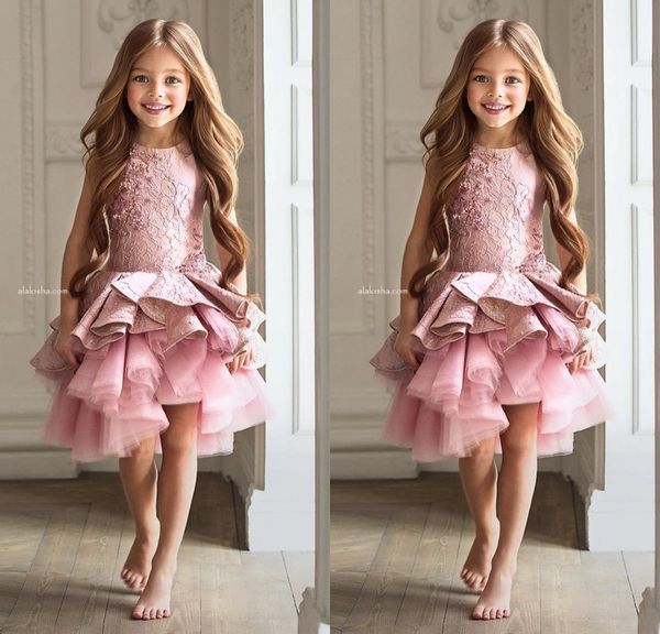 Luxe dentelle rose dentelle robes de fille de fleur 2017 Appliques volants à plusieurs niveaux enfants beauté Pageant robes de bal pour les filles robes