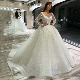 Luxe kanten trouwjurk lange mouwen gewaad de mariage kralen Appliqued Ball Jurk Bridal Jurken Arabian Vestido de Noiva