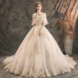 Robe De mariée en dentelle de luxe balayage train arabe musulman hors épaule robe de bal perles robes de mariée grande taille robes de soirée de mariée Robe De mariage luxe une ligne robes de mariée