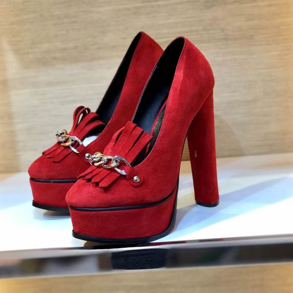 Zapatos de vestir rojos con plataforma de diseñador de lujo para mujer, zapatos de vestir rojos con flecos a la moda, zapatos de tacón sexis con punta en pico, 100% de cuero genuino