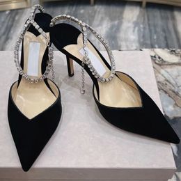 Luxe Dames Geklede Schoenen Pumps Dames Hoge Hakken Sandaal Metalen Letterhak Sexy Kristallen Enkelbandje Puntschoen Saeda 100 mm Met Kristallen Verfraaide Satijnen Pumps Elegant