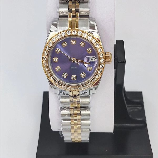 Reloj mecánico de lujo para mujer, esfera morada de 26mm o 31mm, reloj automático de acero inoxidable con cristal de zafiro resistente al agua