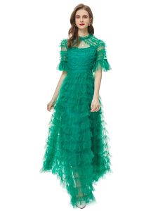 Dames de luxe nouveau concepteur été haute qualité mode vert maille élégant doux à volants jolie Sexy fête Super Maxi longue robe