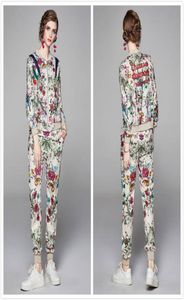 Luxe dames landingsbaan bloemen tweedelig sets lange mouw geprinte jassen jas lange broek 2 pc's slanke elegante damesontwerper twee Piec5234523