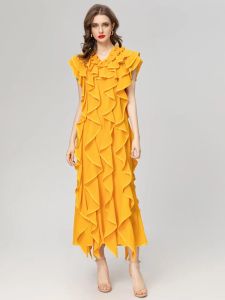 Vestido largo de lujo para mujer, de verano, de alta calidad, a la moda, para fiesta, amarillo, naranja, con volantes, elegante, Sexy, bonito y clásico