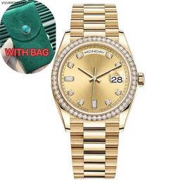 Luxury Ladies Watch - Montre-bracelet en diamant de haute qualité, acier inoxydable de 36/41 mm, lunette en diamant, époustouflante, or et lumineux, montre mécanique automatique