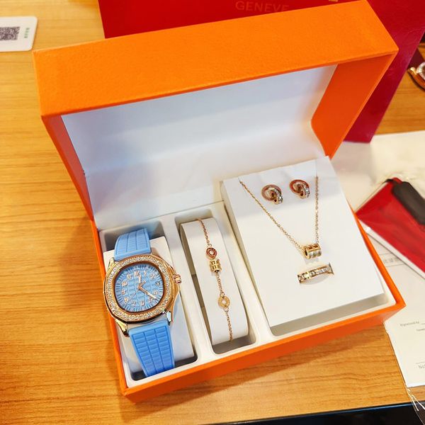 Dame de luxe 5 ensembles montre collier bracelet boucle d'oreille bague avec boîte-cadeau bracelet en caoutchouc montres de créateurs femmes montres-bracelets pour dames noël saint valentin cadeau