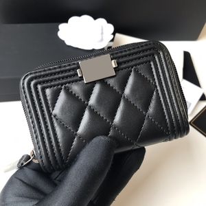 Portefeuille de luxe en cuir véritable noir pour femme, sac de styliste Vintage, porte-cartes en métal argent/or, fermeture éclair avec boîte