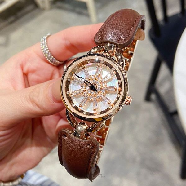 Montre de luxe pour femme, cadran rotatif, or rose, ruban, diamant, mode femme, bracelet en cuir, montres-bracelets pour femmes, cadeau de Noël, de fête des mères, d'anniversaire